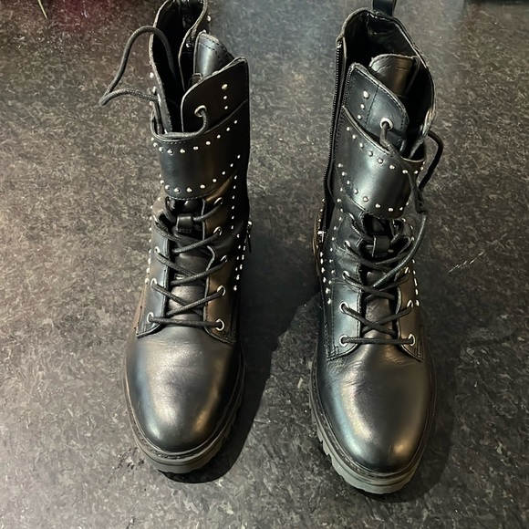 Marc Fisher Belted Studded Leather Moto Combat Boots - Picture 4 of 11